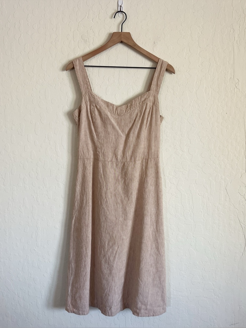 Barneys New York Linen Cotton Sleeveless Midi Dress 42 US 8 Tan White Stripes